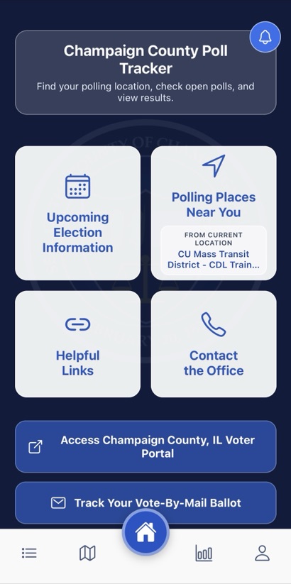 Champaign County IL elections app home screen with polling places, voter registration, and ballot tracking